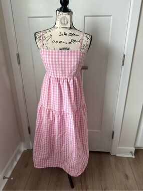 J.Crew Pink Gingham Seersucker tiered maxi dress with spaghetti straps size 2
